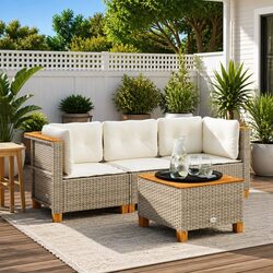 Outdoor Garden Sofa 3-Seater with Cushions Beige PE Rattan Lounge Furniture