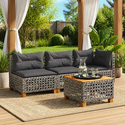 Outdoor Garden Sofa 3-Seater Grey Poly Rattan Lounge with Cushions Modular
