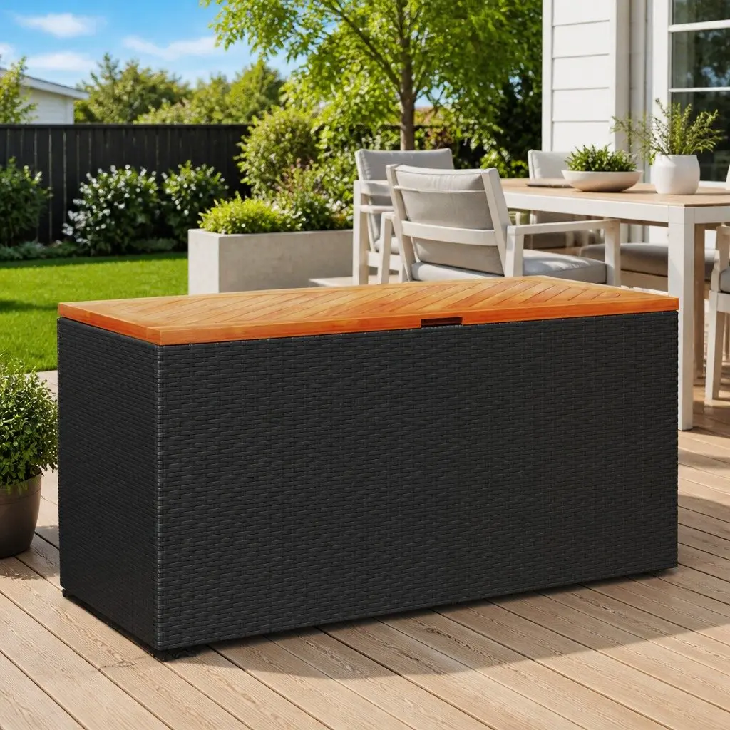 Garden Storage Box 110 x 50 x 54 cm Black Poly Rattan Acacia Wood Bench Seat