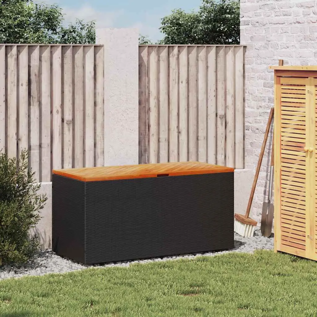 Garden Storage Box 110 x 50 x 54 cm Black Poly Rattan Acacia Wood Bench Seat
