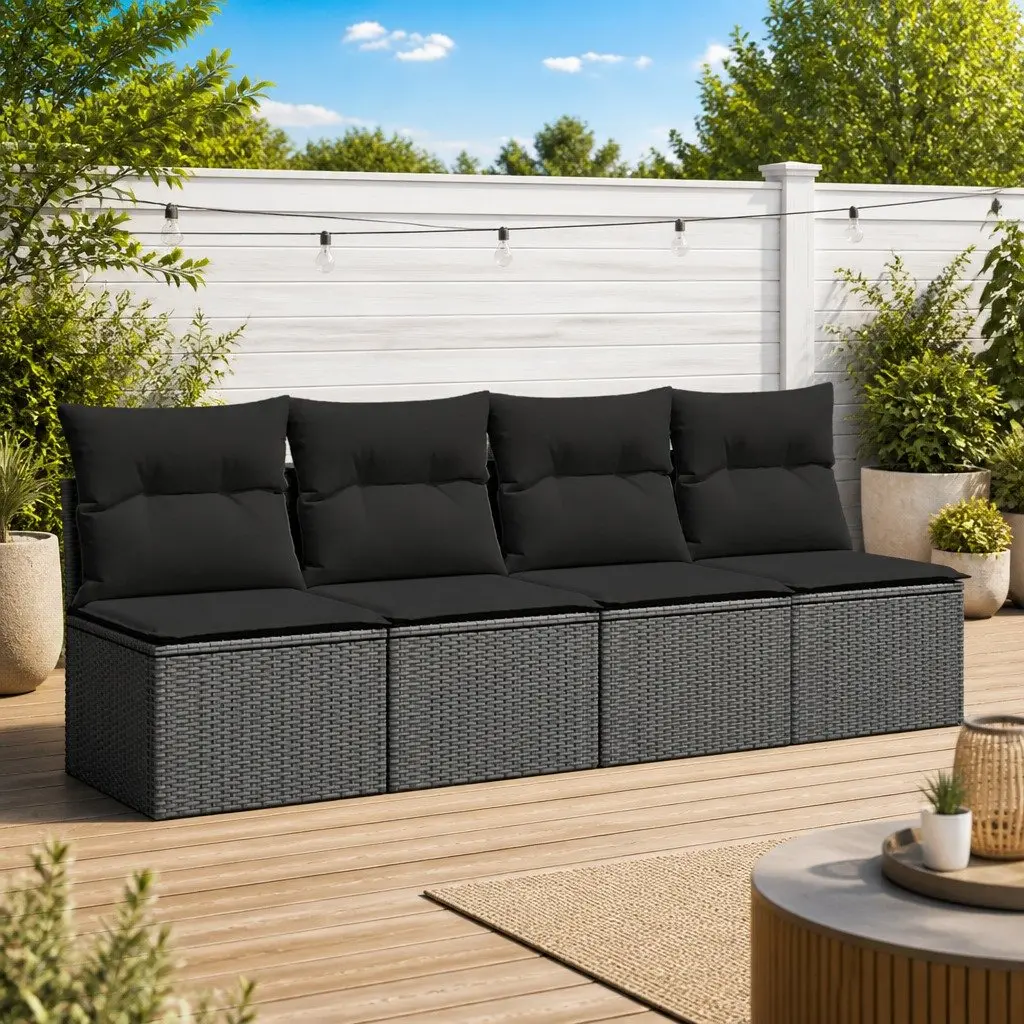 Outdoor Garden Sofa 4-Seater with Cushions Black Poly Rattan Modular Patio