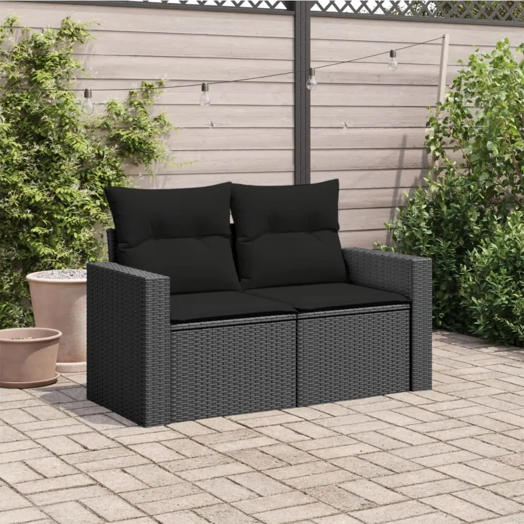 2-Seater Garden Sofa Black Poly Rattan with Cushions Weather-Resistant Outdoor Furniture