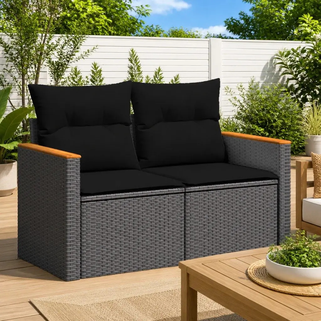 Outdoor Garden Sofa 2-Seater Black Poly Rattan with Thick Cushions для Patio