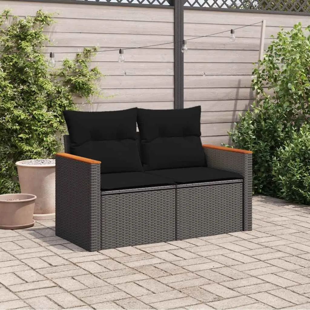 Outdoor Garden Sofa 2-Seater Black Poly Rattan with Thick Cushions для Patio