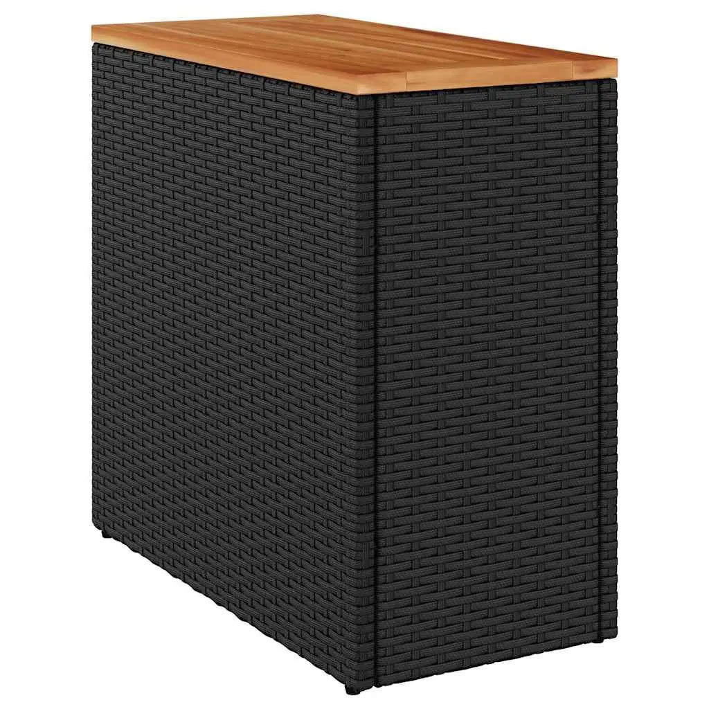 Garden Side Table Black Poly Rattan Wooden Top Outdoor Patio Furniture