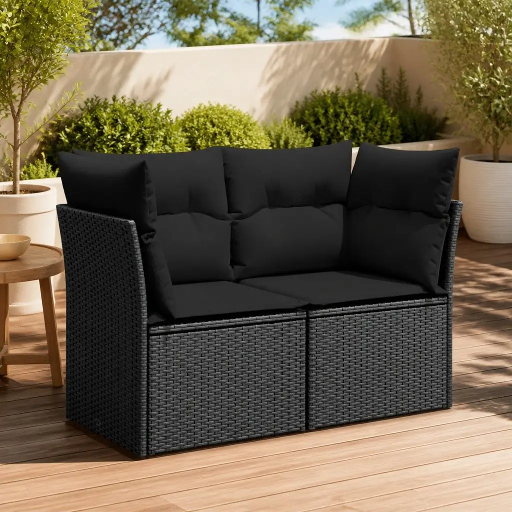 Outdoor Garden Sofa 2-Seater Black PE Rattan with Cushions and Storage Compartment