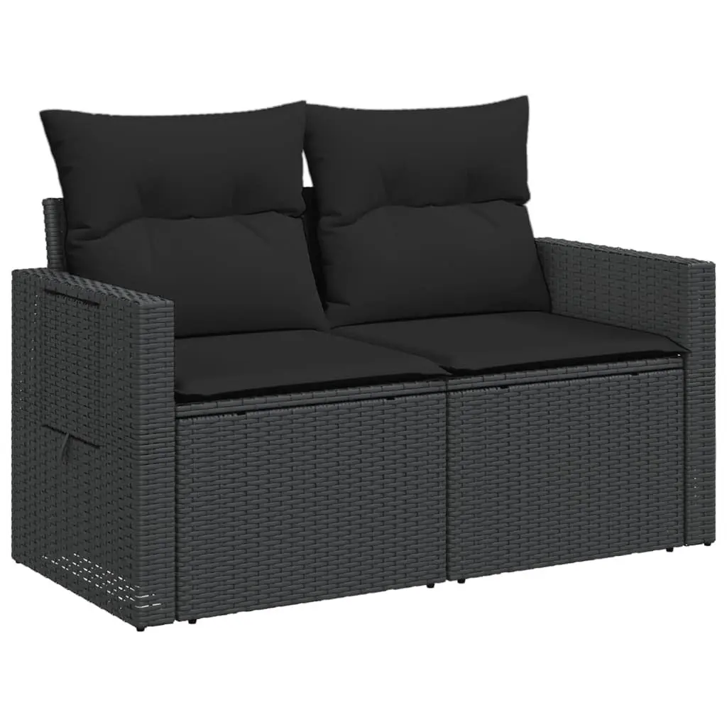 Outdoor Garden Sofa 2-Seater Black Poly Rattan with Cushions Storage Side Table