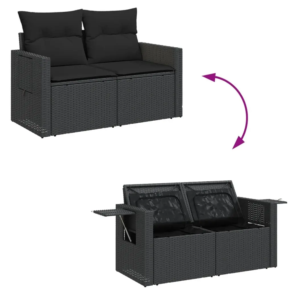 Outdoor Garden Sofa 2-Seater Black Poly Rattan with Cushions Storage Side Table