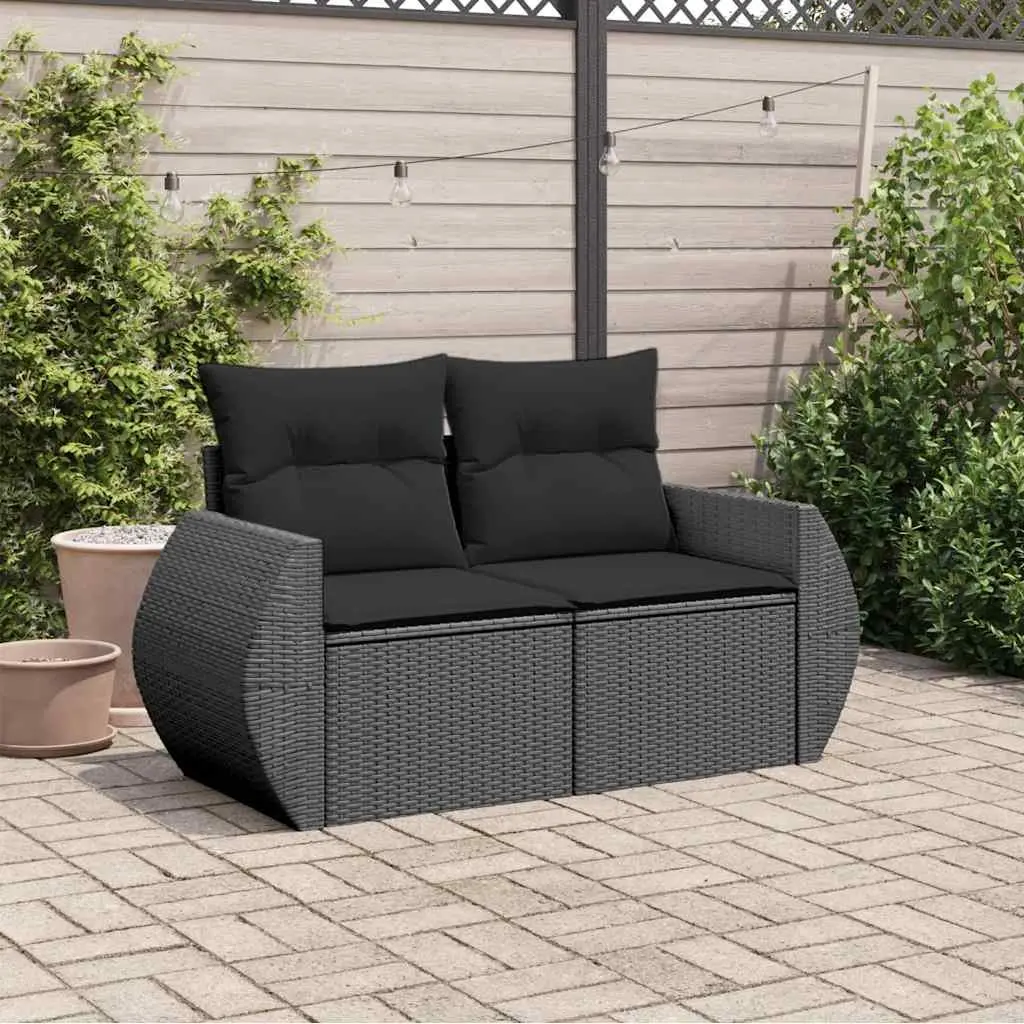 Outdoor Garden Sofa 2-Seater with Cushions Storage Black Poly Rattan Patio Seat