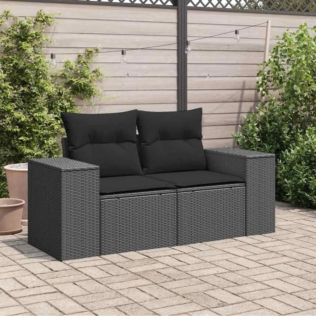 Outdoor Furniture 2-Seater Garden Sofa Black Rattan with Cushions and Storage Compartment
