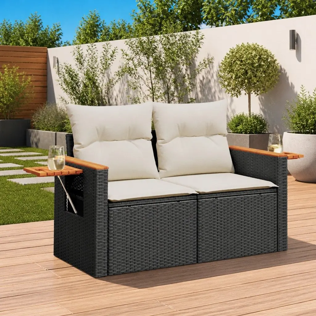 2-Seater Outdoor Garden Sofa with Cushions Foldable Side Table Black PE Rattan