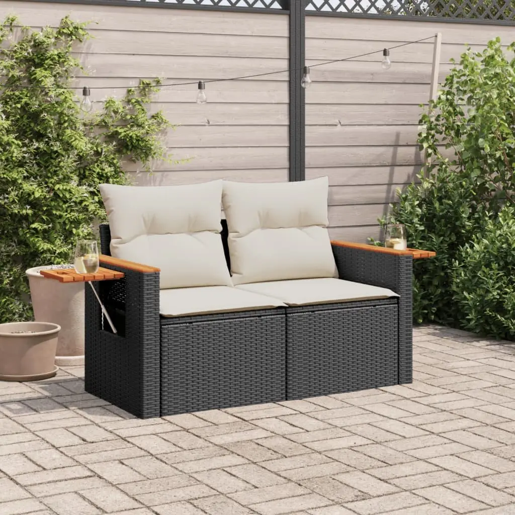 2-Seater Outdoor Garden Sofa with Cushions Foldable Side Table Black PE Rattan