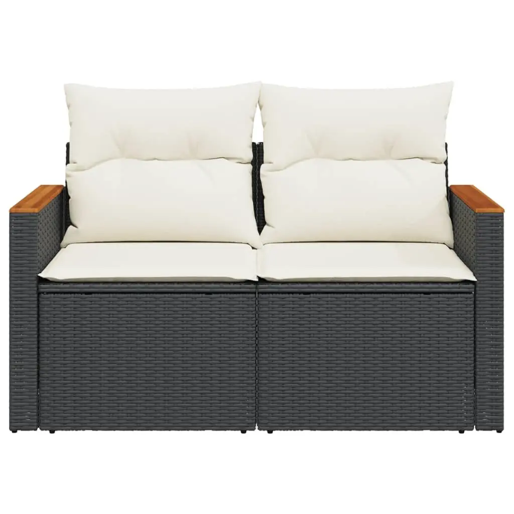 2-Seater Outdoor Garden Sofa with Cushions Foldable Side Table Black PE Rattan