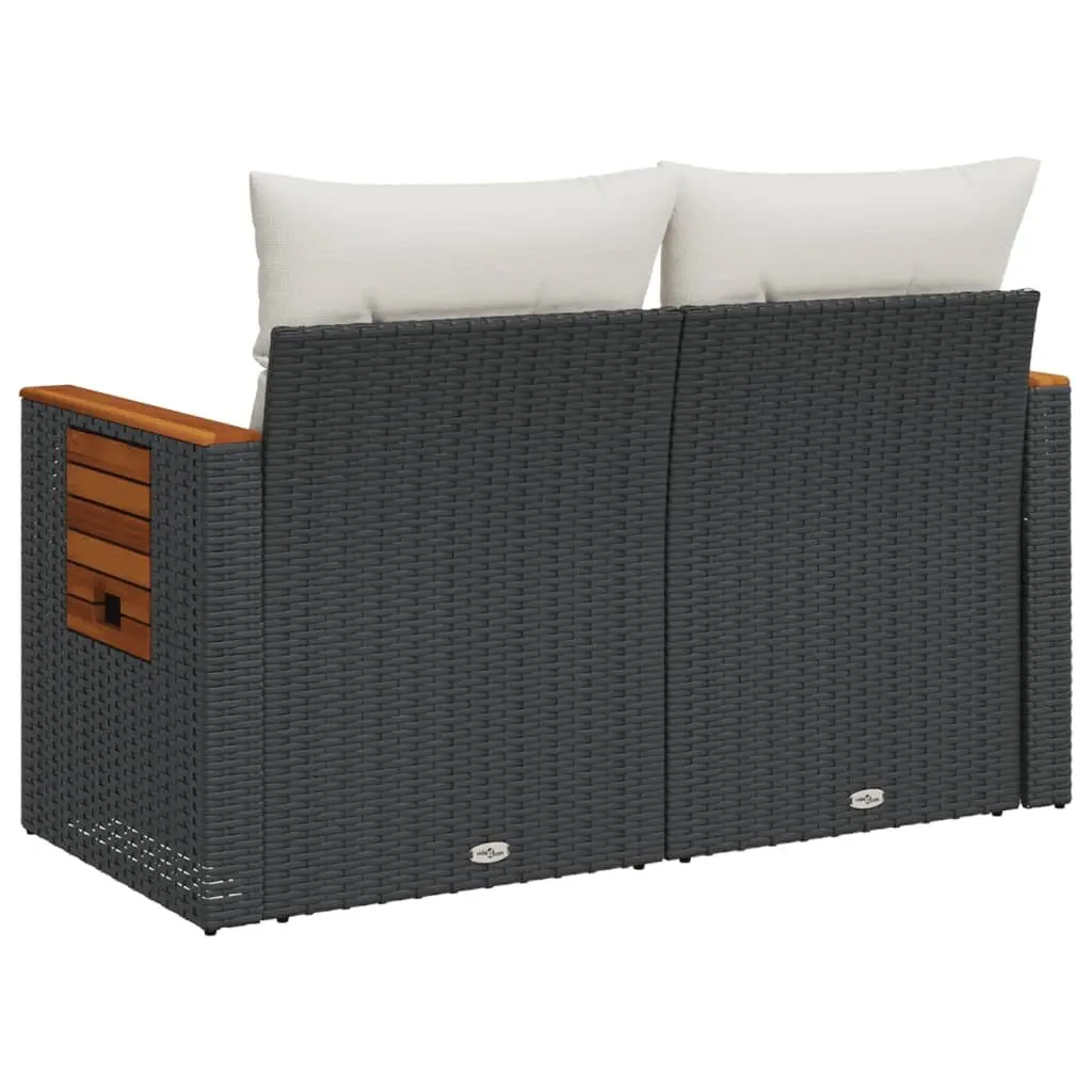 2-Seater Outdoor Garden Sofa with Cushions Foldable Side Table Black PE Rattan