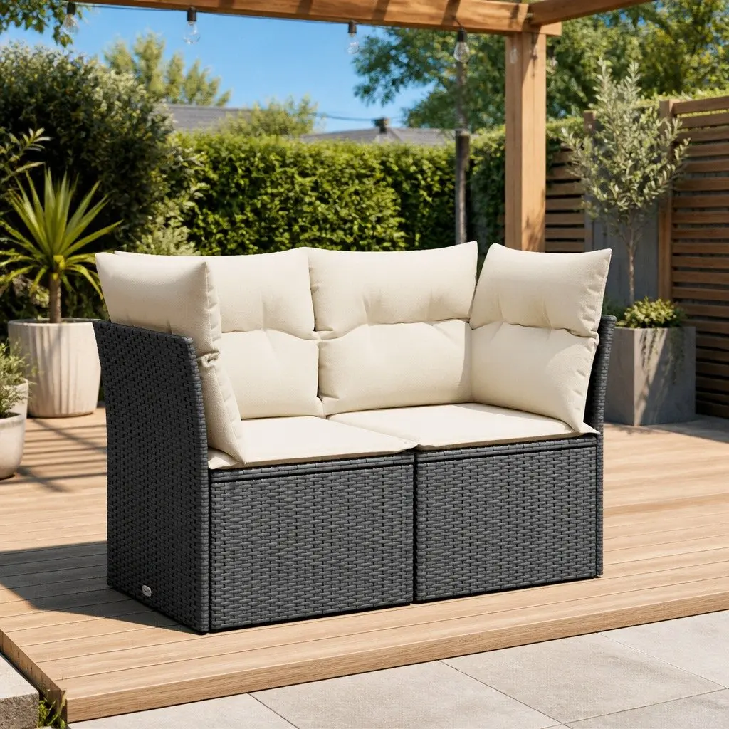 2-Seater Garden Sofa Outdoor Lounge Seat with Cushions and Storage Black Rattan