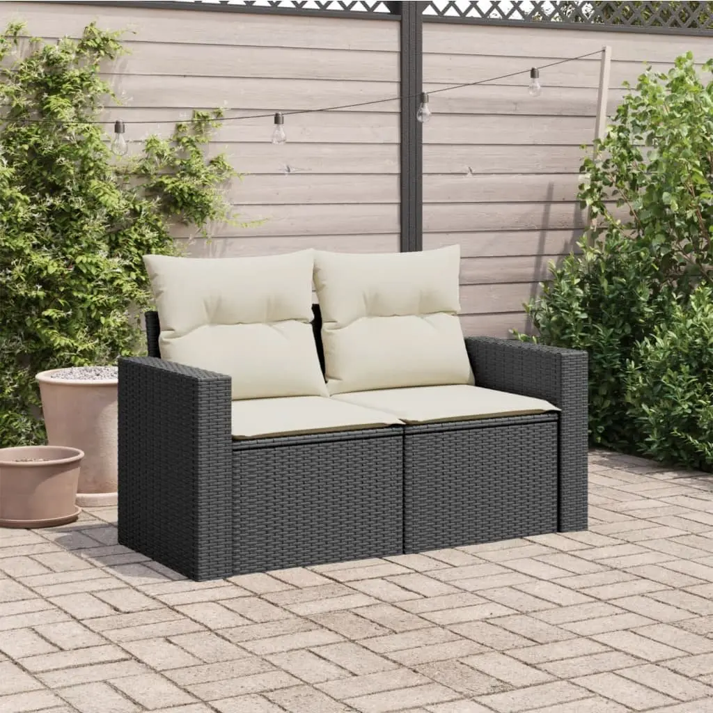2-Seater Garden Sofa Black Poly Rattan Cushions with Storage Compartment Outdoor