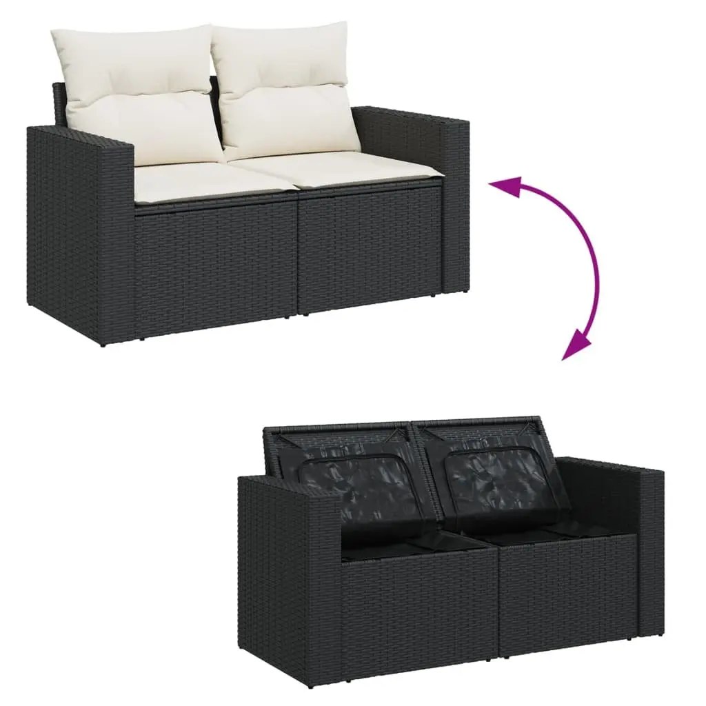 2-Seater Garden Sofa Black Poly Rattan Cushions with Storage Compartment Outdoor