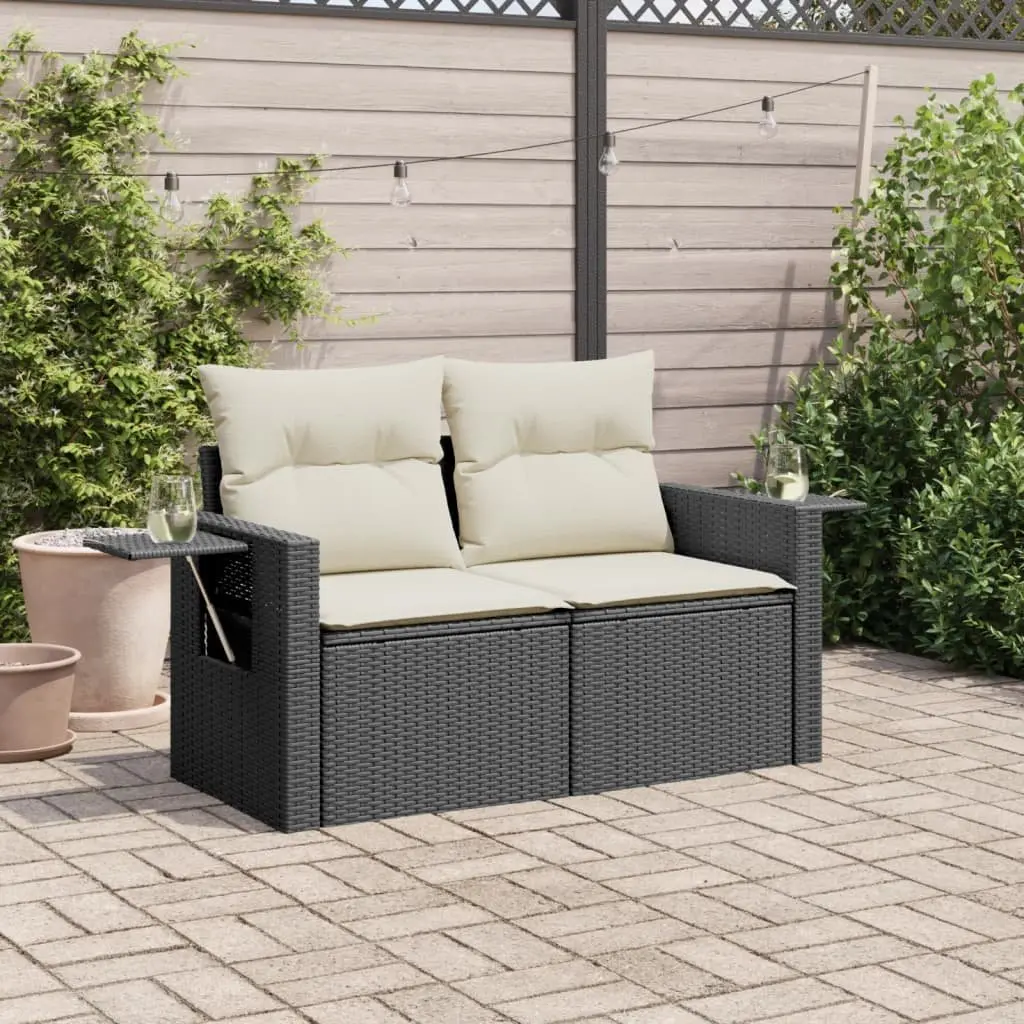 2-Seater Garden Sofa Outdoor Furniture Black PE Rattan with Cushions Foldable Side Table Under-Seat Storage