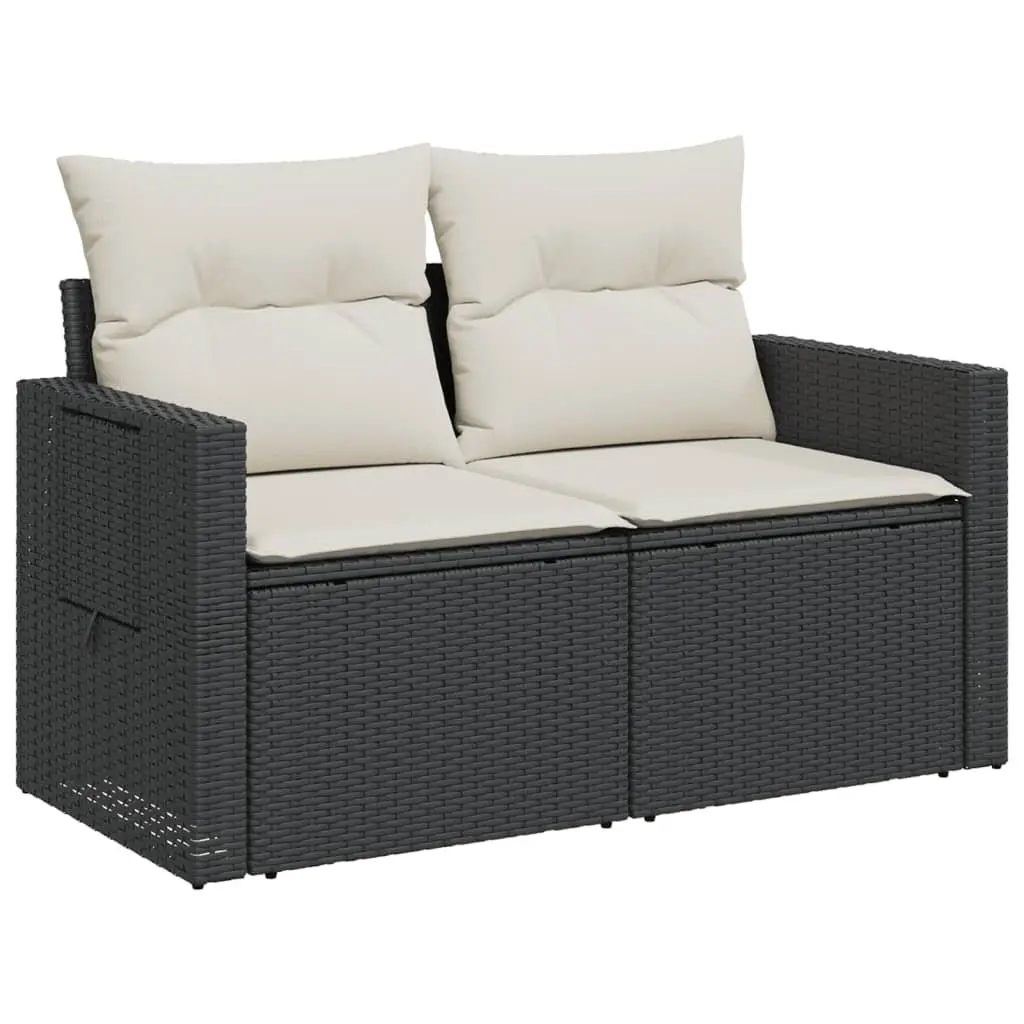 2-Seater Garden Sofa Outdoor Furniture Black PE Rattan with Cushions Foldable Side Table Under-Seat Storage