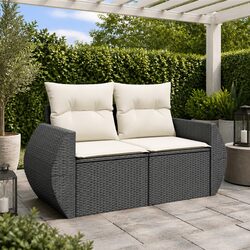 2-Seater Outdoor Sofa Black PE Rattan Garden Furniture with Storage Cushions