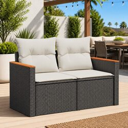 Outdoor Garden Sofa 2-Seater Black Poly Rattan with Storage Cushions Modular