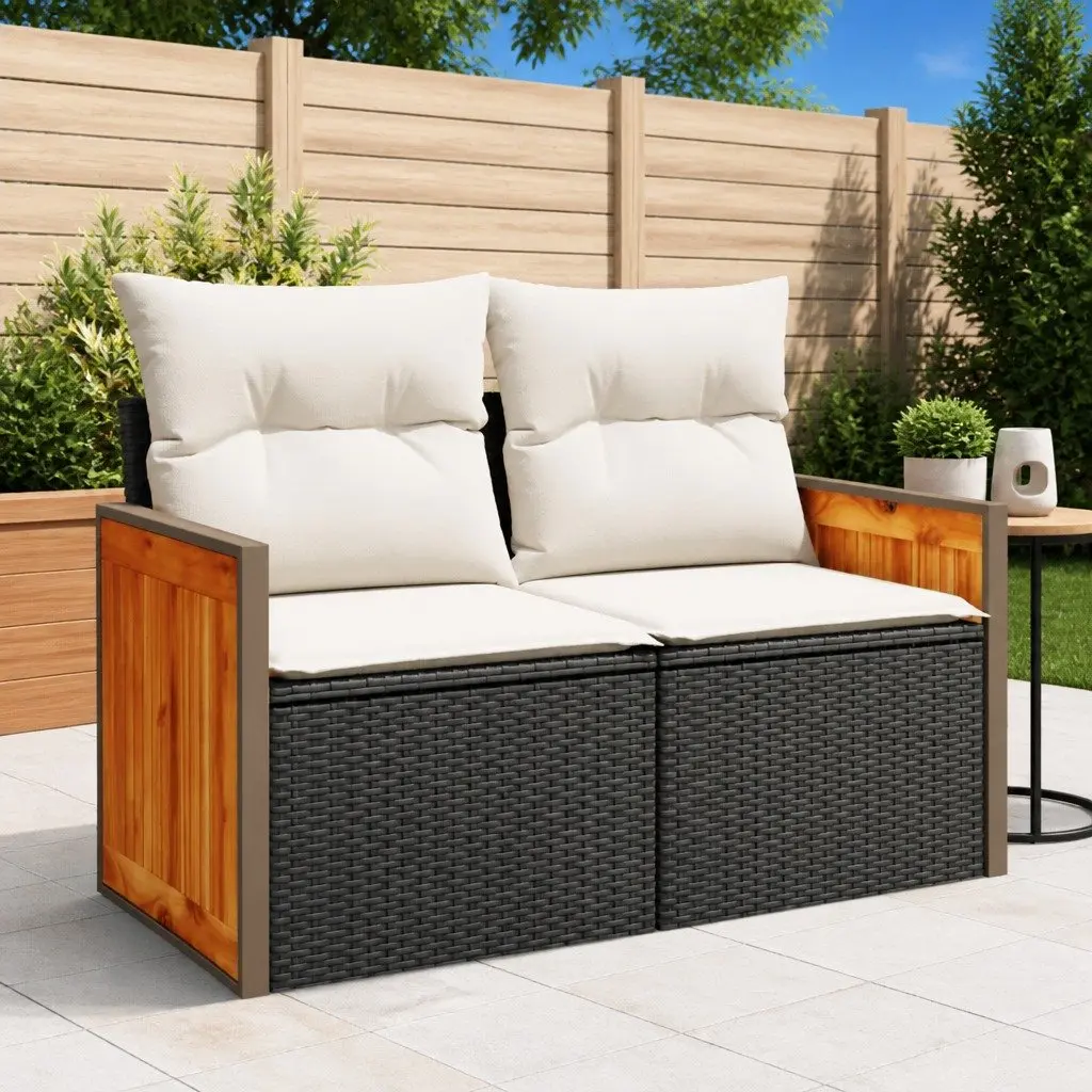 Garden Sofa 2-Seater Modular Black PE Rattan with Cushions and Storage