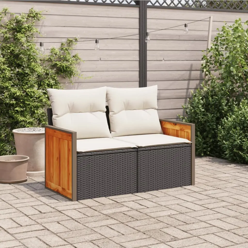 Garden Sofa 2-Seater Modular Black PE Rattan with Cushions and Storage
