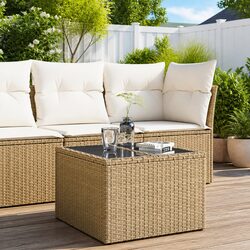 Garden Table Outdoor Patio Furniture Poly Rattan Beige Glass Top 55x55x37cm