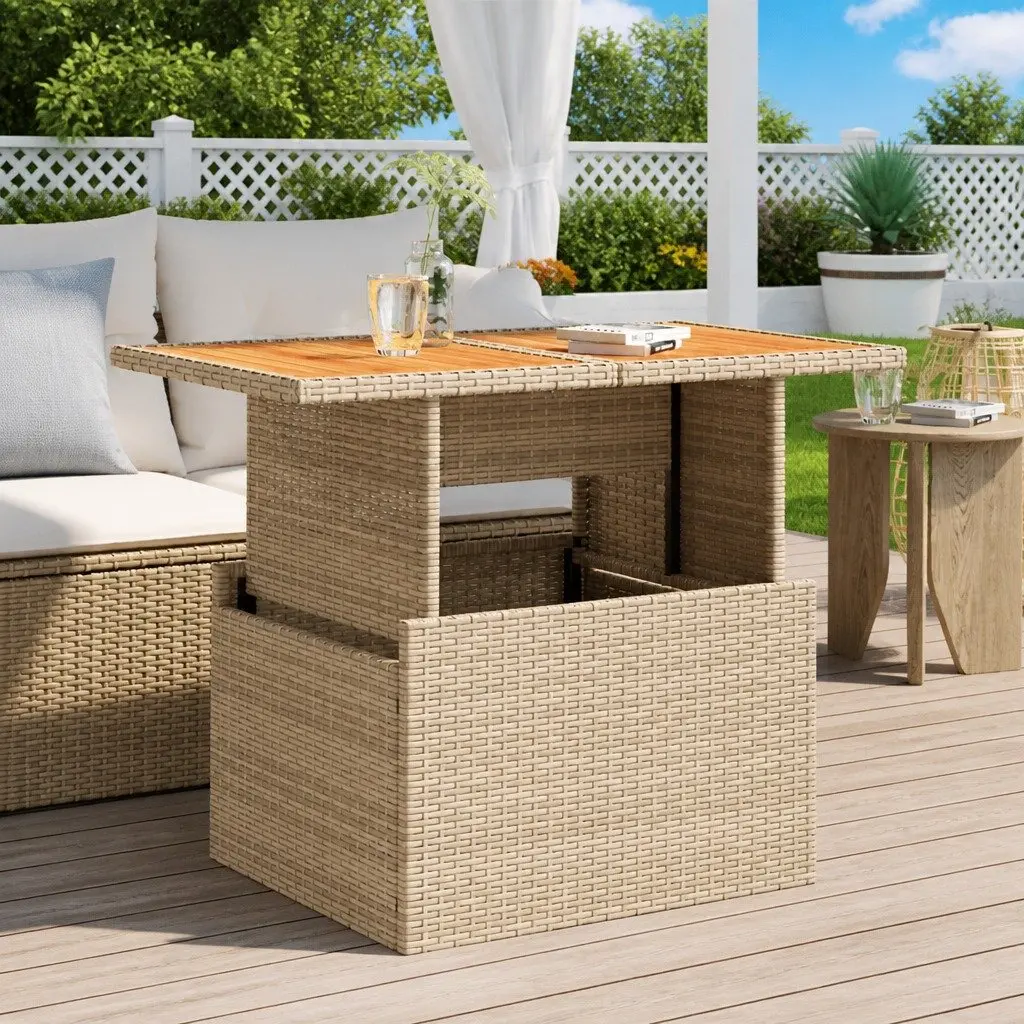 Garden Table Beige Adjustable Top Acacia Wood PE Rattan Powder Coated Steel Frame