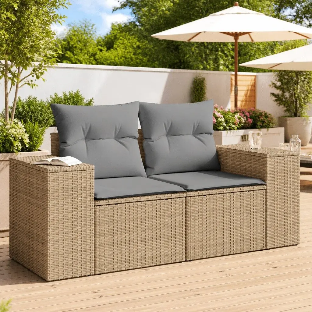 2-Seater Garden Sofa Outdoor Patio Furniture Beige Poly Rattan with Cushions