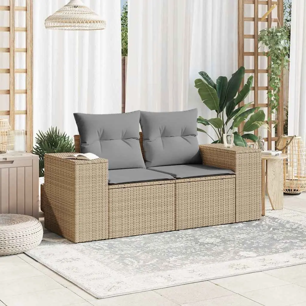 2-Seater Garden Sofa Outdoor Patio Furniture Beige Poly Rattan with Cushions