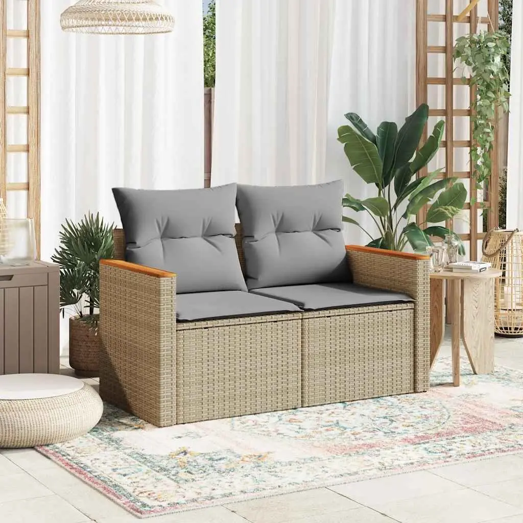 Outdoor Garden Sofa 2-Seater Beige PE Rattan with Cushions Patio Seating