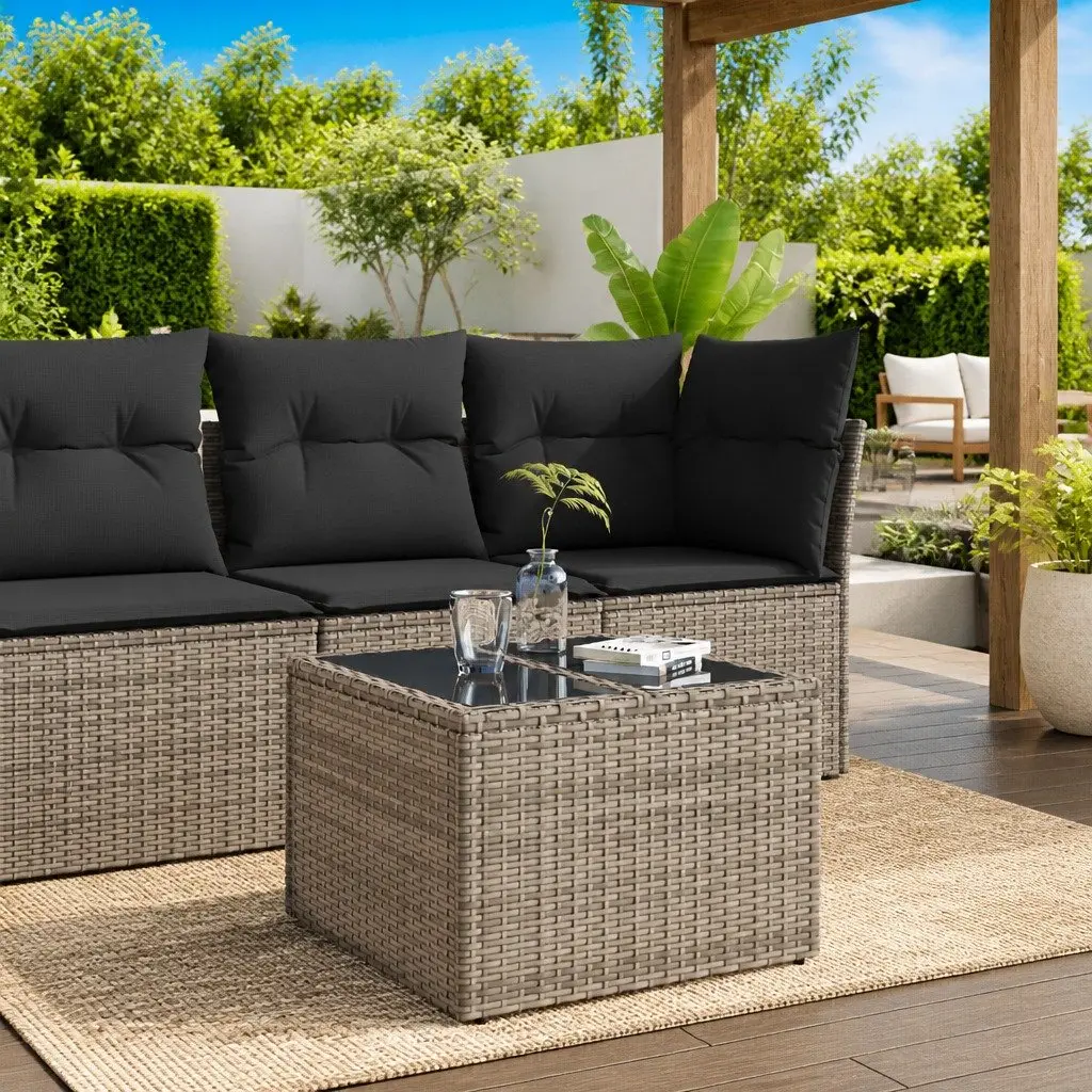 Garden Table Grey Poly Rattan Tempered Glass Top Outdoor Furniture