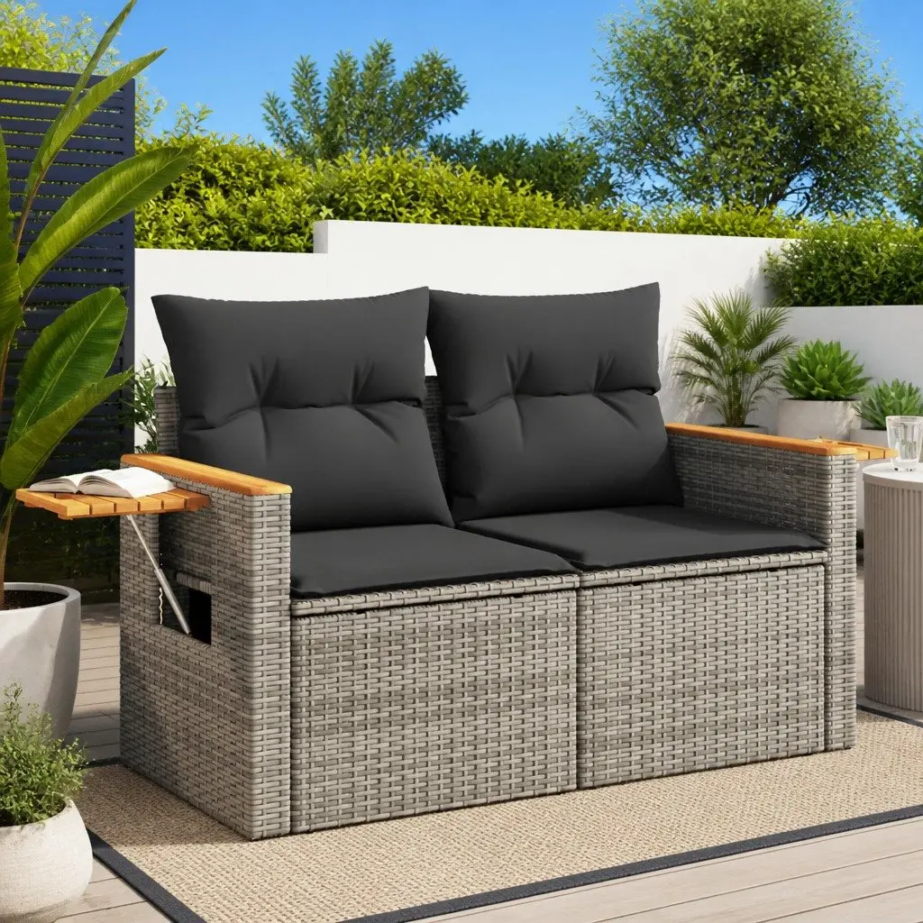 2-Seater Garden Sofa Grey PE Rattan Outdoor Furniture with Cushions and Foldable Side Table
