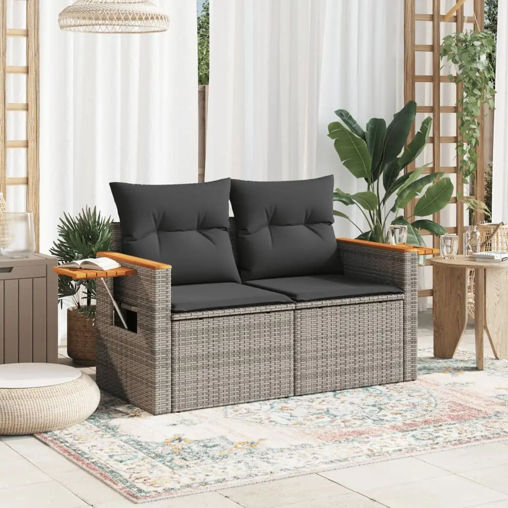 2-Seater Garden Sofa Grey PE Rattan Outdoor Furniture with Cushions and Foldable Side Table