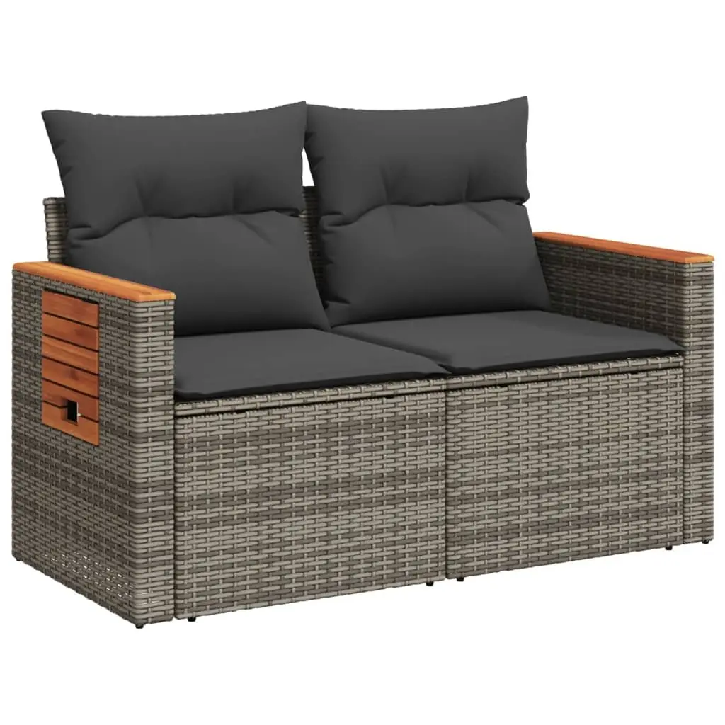 2-Seater Garden Sofa Grey PE Rattan Outdoor Furniture with Cushions and Foldable Side Table