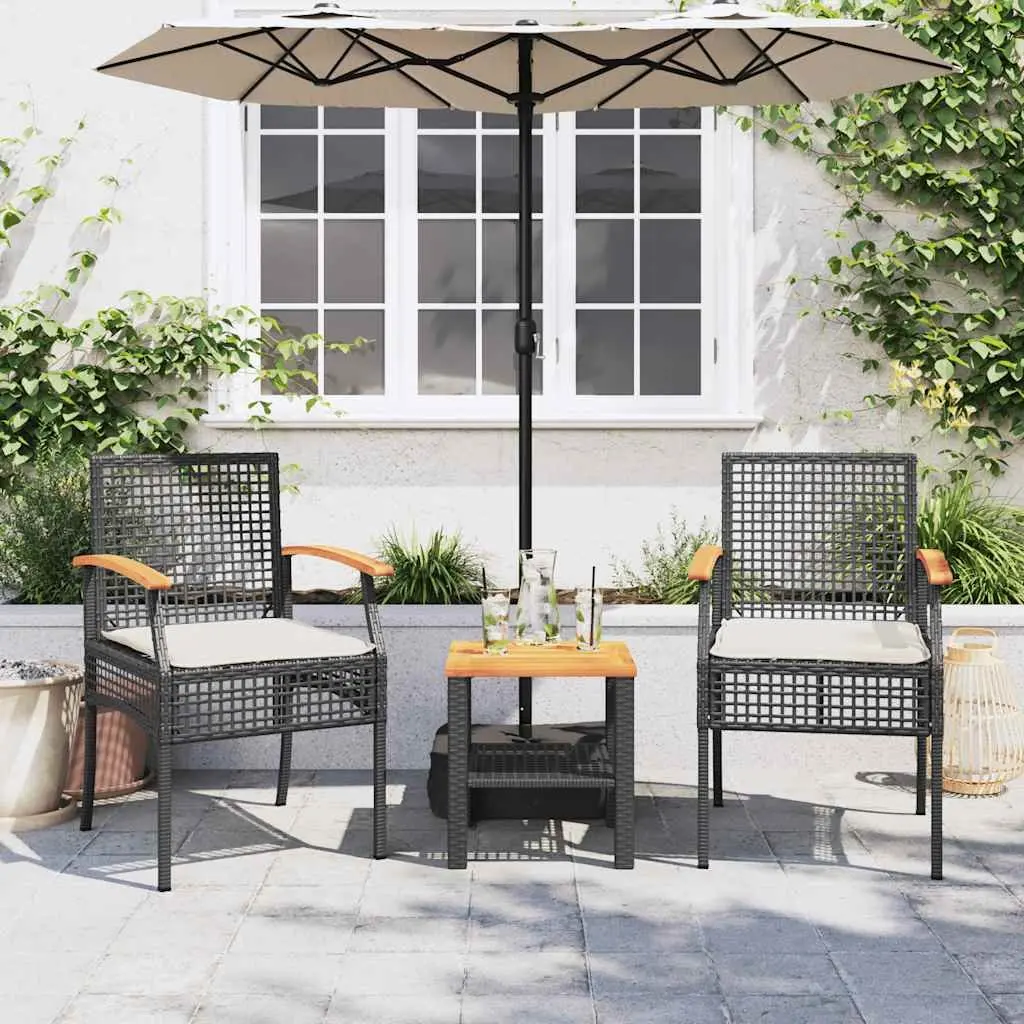 3 Piece Outdoor Bistro Set Black PE Rattan Acacia Wood Table with Cushions