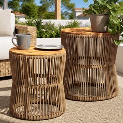 Garden Side Tables Set of 2 Outdoor Patio Furniture Beige Poly Rattan Wooden Top