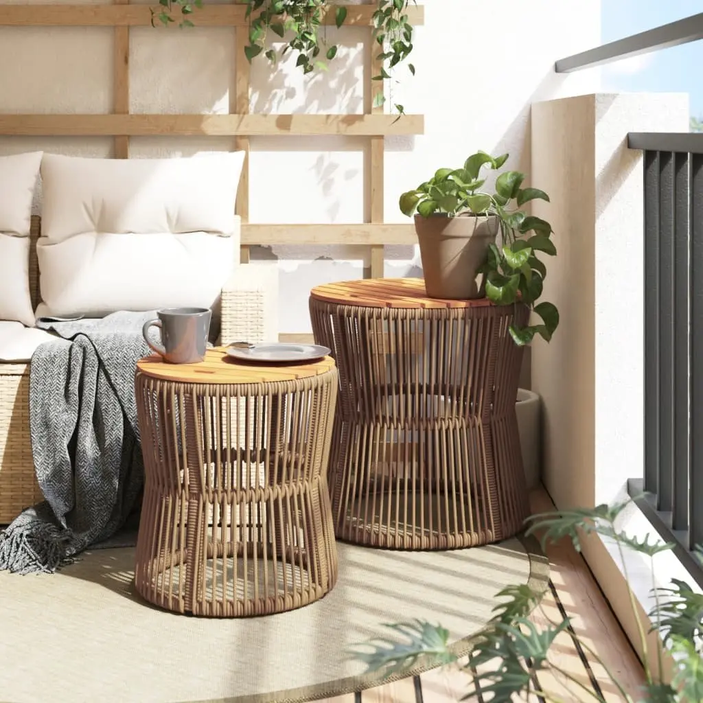 Garden Side Tables Set of 2 Beige Poly Rattan Wooden Top Outdoor Patio Furniture