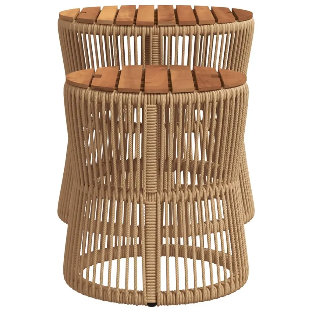 Garden Side Tables Set of 2 Beige Poly Rattan Wooden Top Outdoor Patio Furniture