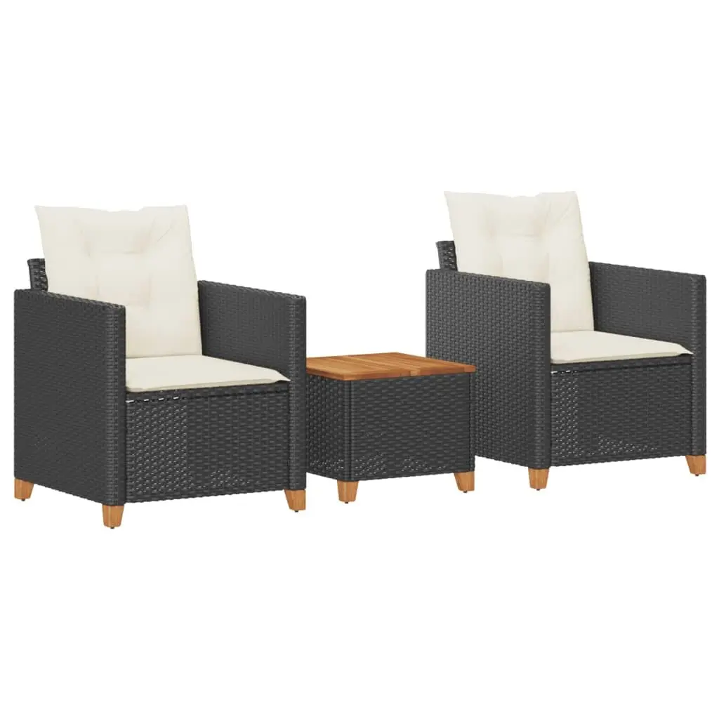 3 Piece Bistro Set Outdoor Garden Furniture Black Cushioned Chairs Acacia Wood Table