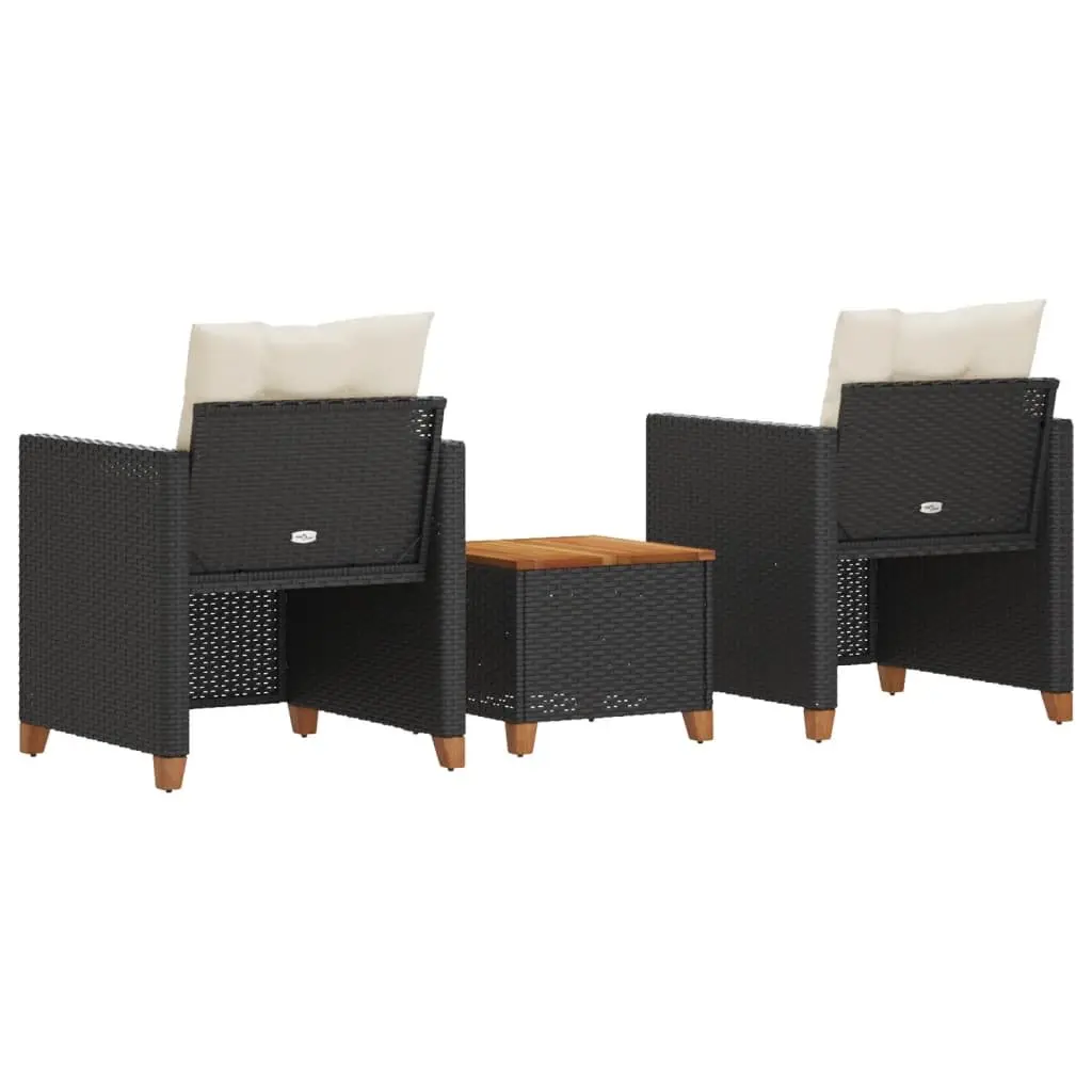 3 Piece Bistro Set Outdoor Garden Furniture Black Cushioned Chairs Acacia Wood Table