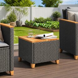 Garden Table Black 45x45x37cm Outdoor Patio Furniture PE Rattan Acacia Wood Top