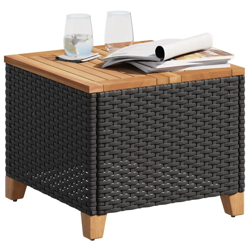 Garden Table 45x45x37cm Black PE Rattan Acacia Wood Top Outdoor Patio Furniture