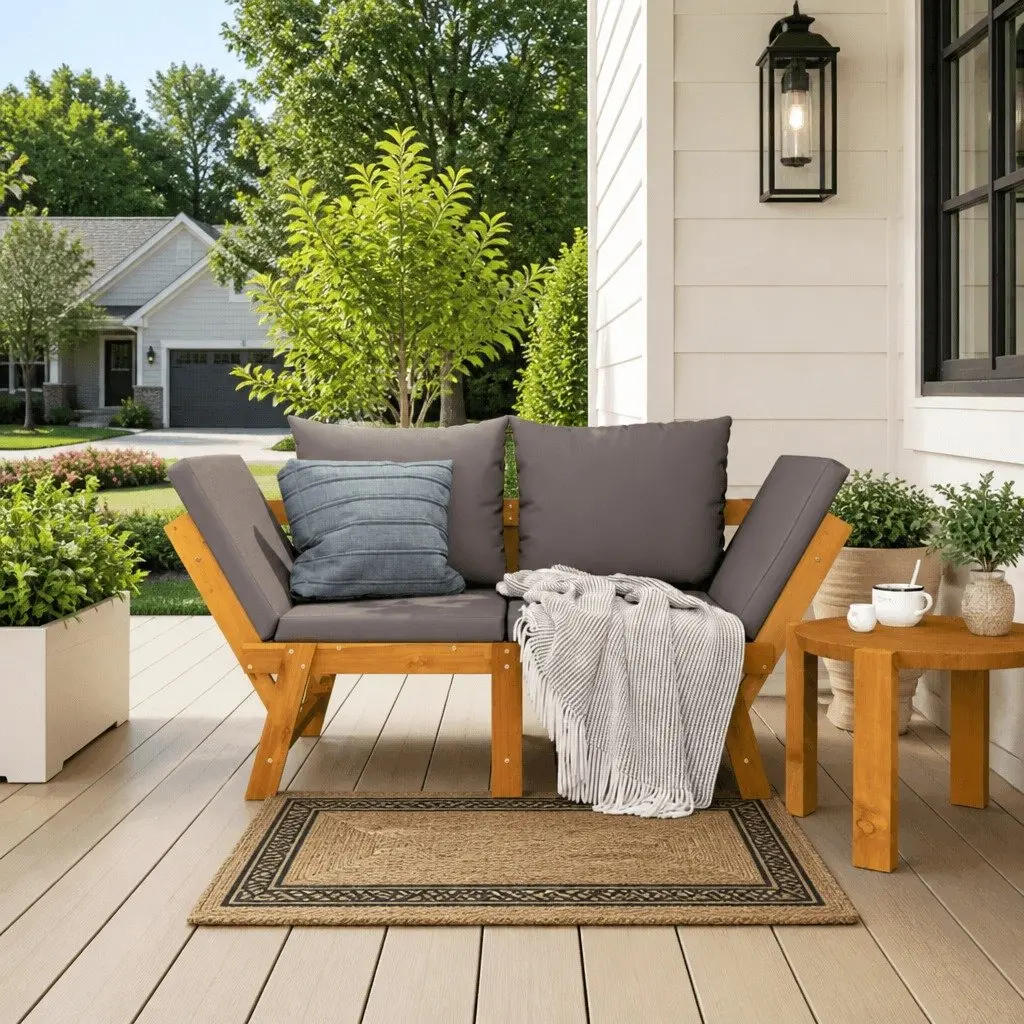 Garden Bench with Cushions 2-in-1 Convertible Day Bed Acacia Wood Outdoor Seat