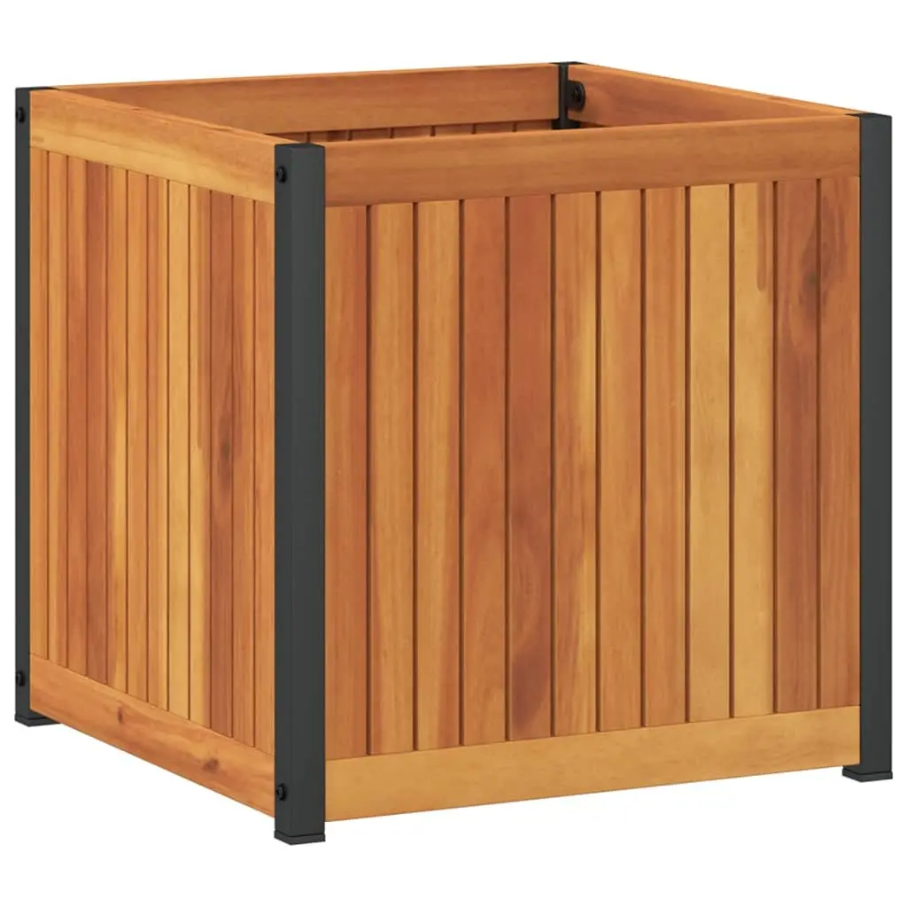 Garden Planter Box 45x45x44 cm Solid Acacia Wood with Steel Frame for Indoor and Outdoor Flower Planting