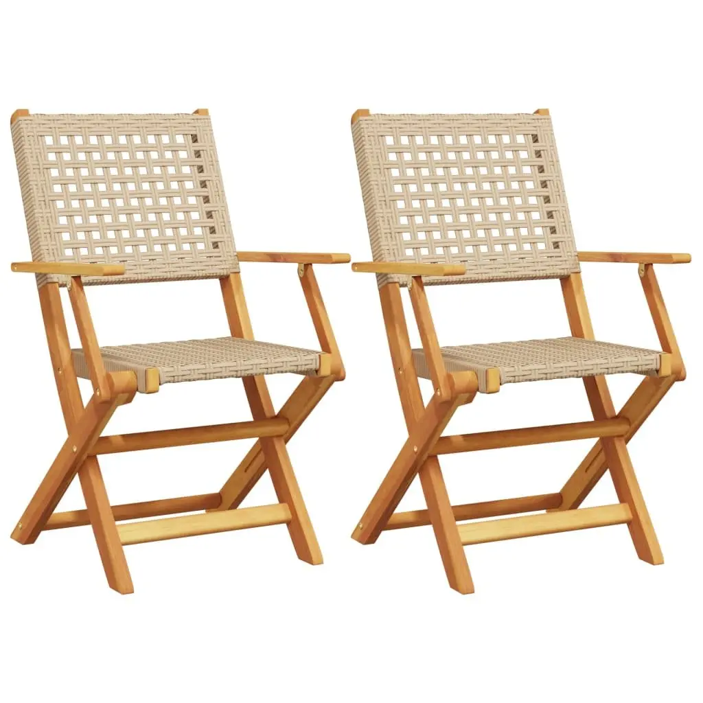 Outdoor Chairs 2 pcs Beige Foldable Weather Resistant Acacia Wood Poly Rattan