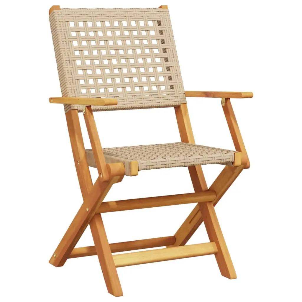 Outdoor Chairs 2 pcs Beige Foldable Weather Resistant Acacia Wood Poly Rattan