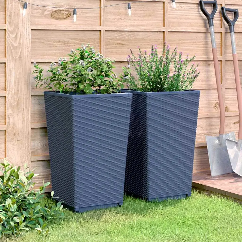Garden Planters 2 Pcs Grey Rattan Look Outdoor Pot 32.5x57cm