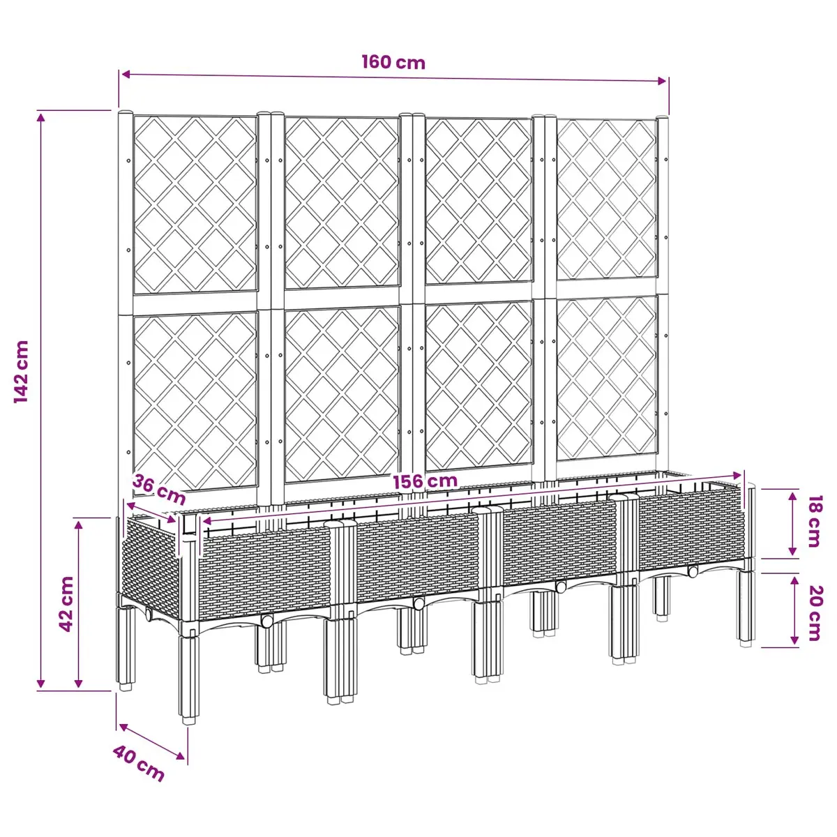 Garden Planter 160x40x142cm with Integrated Trellis for Climbing Plants Outdoor Use